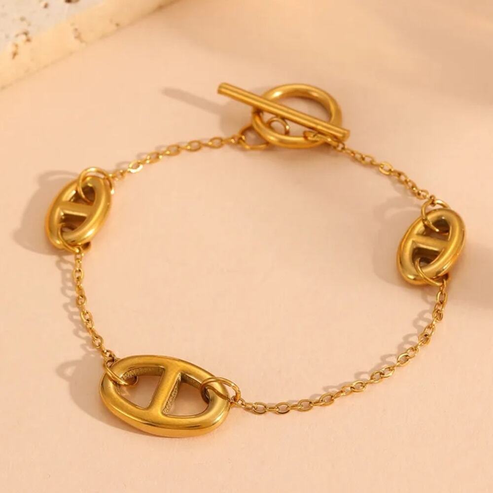 Gold Pig Nose Multilayer Necklace Bracelet Set Stainless Steel Gold Plated - Picture 12 of 12